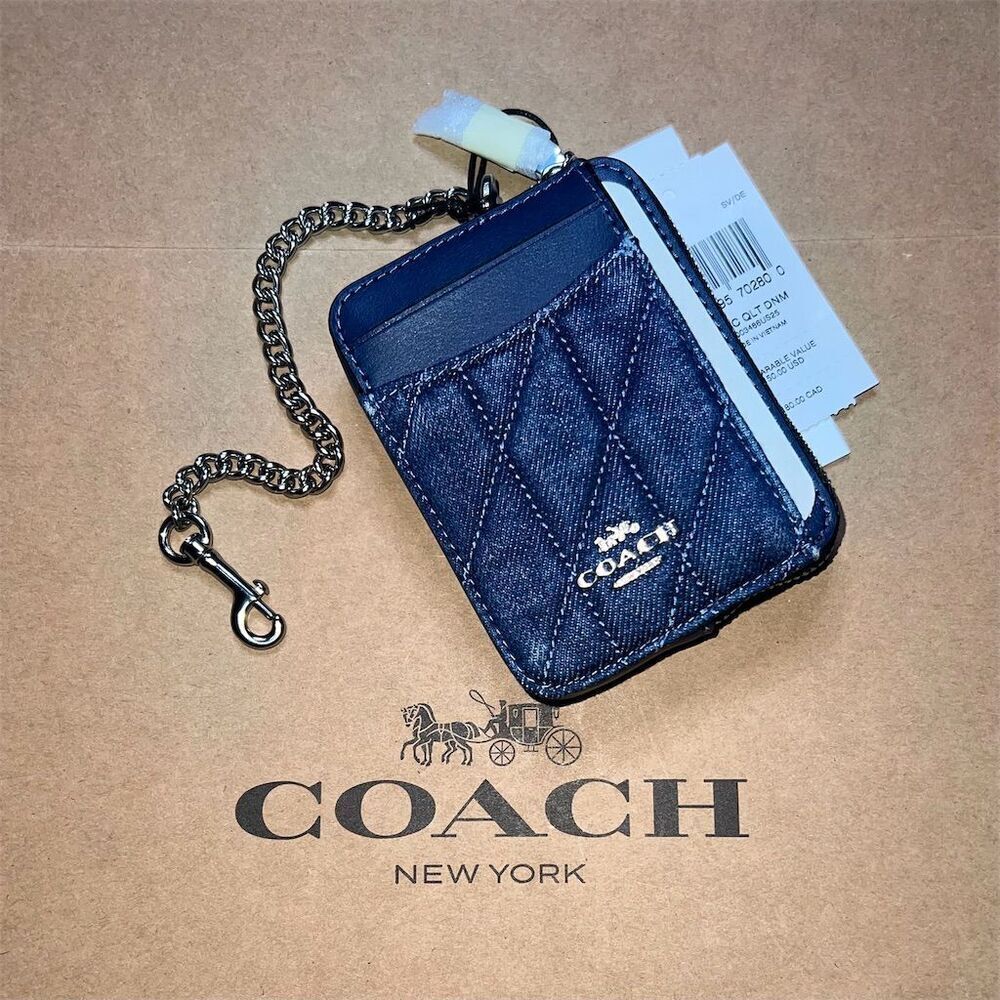 COACH Denim Blue Zip Cardholder Cardcase w Silver Hardware & Chain CAR26 NWT
